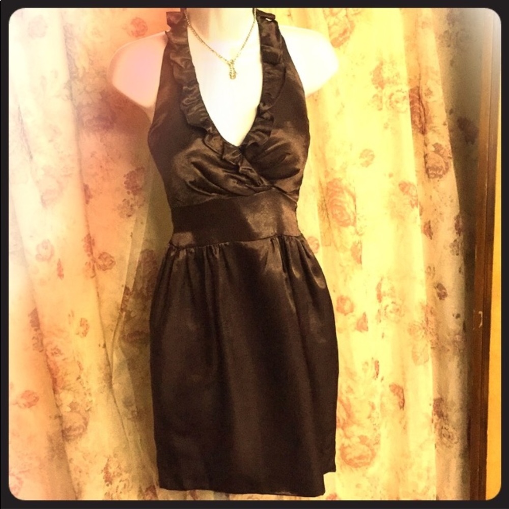 Jasmine Brown elegant satin retro glam Deep plunge V neck sexy halter dress S
